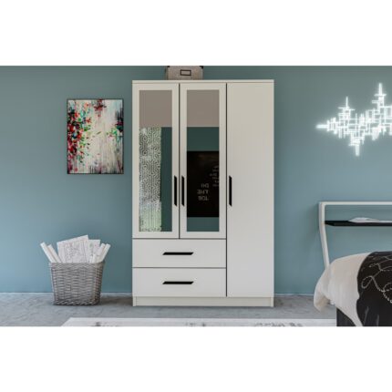 Metalia Gm 177 Modena 3 Kapı 2 Çekmeceli Aynalı Siyah Kulplu Beyaz Gardırop
