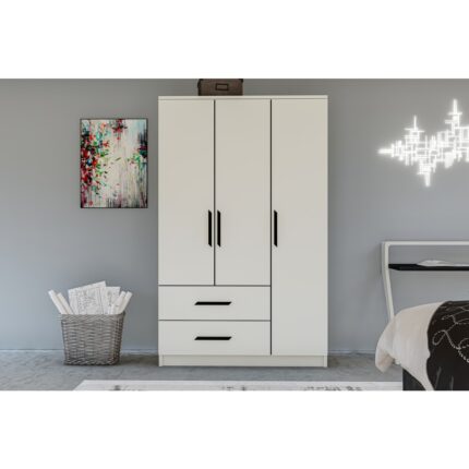 Metalia Gm 176 Modena 3 Kapı 2 Çekmeceli Siyah Kulplu Beyaz Gardrop