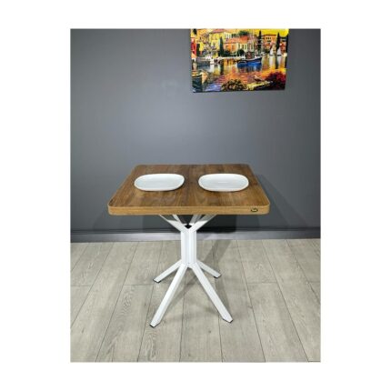 Hey Modüler Mobilya Tepe Ceviz Beyaz Mutfak Yemek Masası Balkon Masası Kavisli Köşe Beyaz Ayak 70 cm