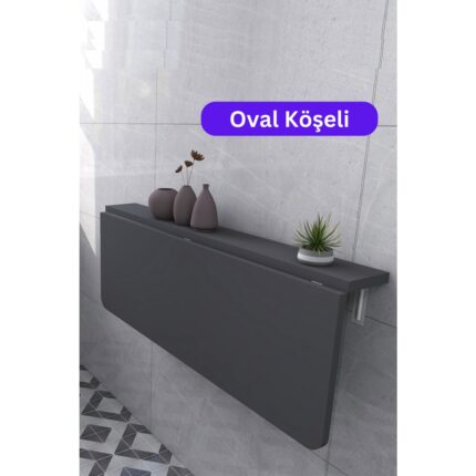 Kydonia Home 60X90 cm Oval Köşeli Antrasit Renkli Sabit Raflı Duvara Monte Kırma Katlanır Mutfak Masası