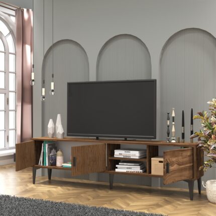 Cool Home Marin Tv Ünitesi Tv Sehpası 180 cm Çizgi Desenli , Raflı , Ceviz - Görsel 2