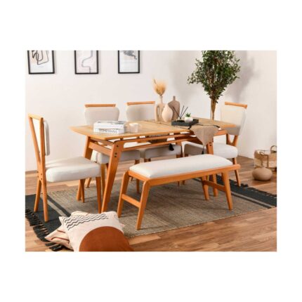 VowTurkey Palace Iskandinav 4 Sandalye 1 Bench 1 Masa Meşe iskelet Salon&Mutfak Masa Sandalye Takımı-El İşçiliği