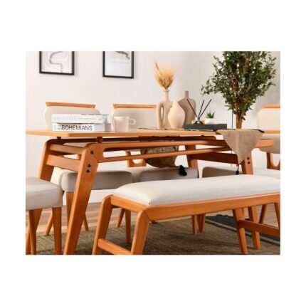 VowTurkey Palace Iskandinav 4 Sandalye 1 Bench 1 Masa Meşe iskelet Salon&Mutfak Masa Sandalye Takımı-El İşçiliği - Görsel 5