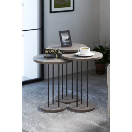 Gold Falez Terra Gordion Yuvarlak Suntalam Metal Ayaklı Modern Zigon Sehpa Seti 34 cm ve 22 cm