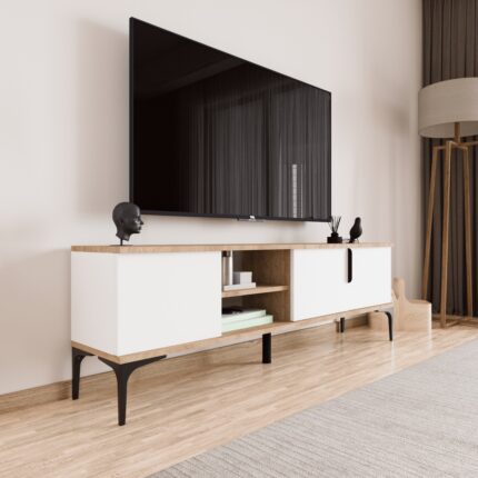 Alonex Tarz Tv Ünitesi , Raflı Tv Sehpası , 180 cm Tv Konsolu (Full Beyaz) - Görsel 2