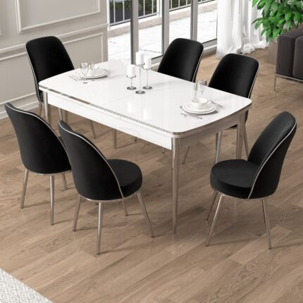 Canisa Pale Serisi 80X132 Açılabilir Beyaz Mutfak Masa Takımı 6 Sandalye Krom Detay