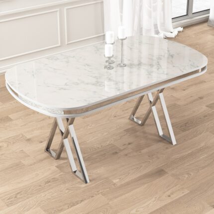 Canisa Zae Serisi 90X168 Lak Panel Beyaz Mermer Desen Krom Ayak Masa Takımı 6 Sandalye - Görsel 3