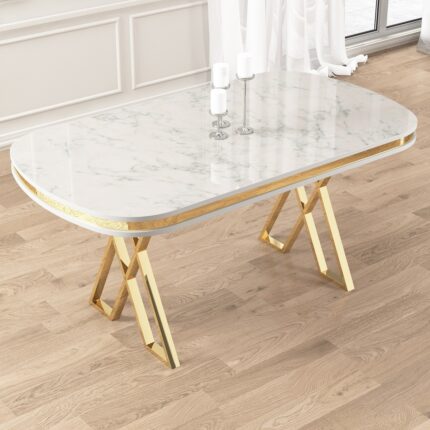 Canisa Zae Serisi 90X168 Lak Panel Beyaz Mermer Desen Gold Ayak Masa Takımı 6 Sandalye - Görsel 3