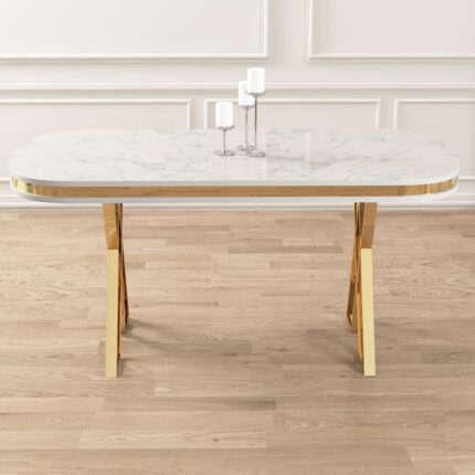 Canisa Zae Serisi 90X168 Lak Panel Beyaz Mermer Desen Gold Ayak Masa Takımı 6 Sandalye - Görsel 4