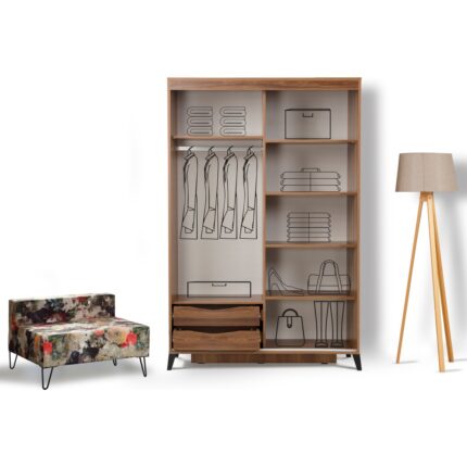 Pasific Home Huga Sürgülü 2 Kapaklı Aynalı Gardırop, Ceviz ,120 cm - Görsel 4