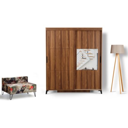 Pasific Home Huga Sürgülü 2 Kapaklı Aynalı Gardırop, Ceviz ,160 cm