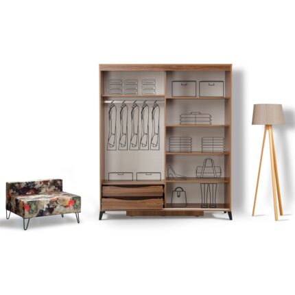 Pasific Home Huga Sürgülü 2 Kapaklı Aynalı Gardırop, Ceviz ,160 cm - Görsel 4