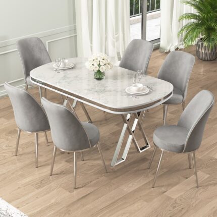 Canisa Lai Serisi 90X168 Lak Panel Beyaz Mermer Desen Krom Ayak Masa Takımı 6 Sandalye