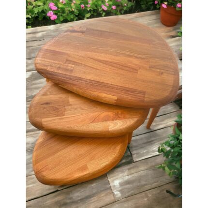 Faw Decor Masif Ahşap Yağlı Zigon Sehpa 3'lü Set, Ceviz Orta Yüzyıl Modern Yan Sehpa
