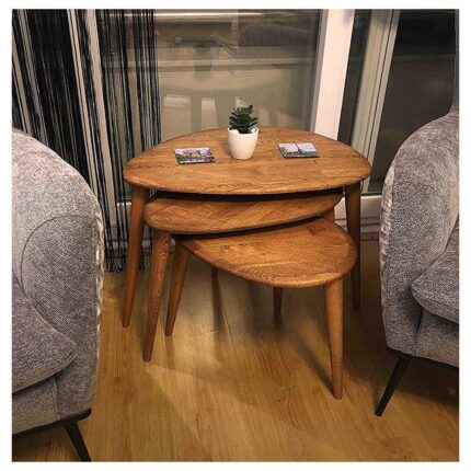 Faw Decor Masif Ahşap Yağlı Zigon Sehpa 3'lü Set, Ceviz Orta Yüzyıl Modern Yan Sehpa - Görsel 2