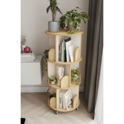 Zeo Wood Design 360° Dekoratif Döner Kitaplık - Beyaz / Safir Meşe - 103x45 Cm - Görsel 2