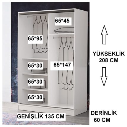 Beenal Venüs Sürgülü Gardırop 135 cm  Lefkas Ceviz Beyaz - Görsel 3