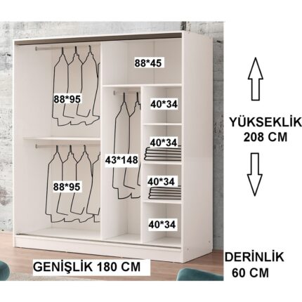 Beenal Venüs Sürgülü Gardırop 180 cm - Lefkas Ceviz Beyaz - Görsel 3