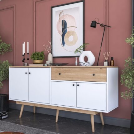 Rani GD110 Modern Ayaklı Bölmeli Çekmeceli Kapaklı Konsol Beyaz - Sepet Ceviz - Görsel 5