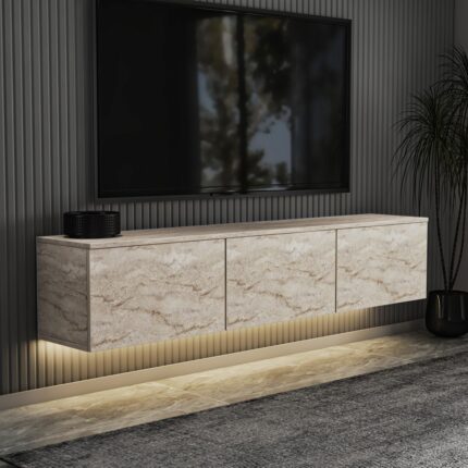 İnarch Dizayn Neon LED Işıklı Duvara Monte, 3 Kapaklı TV Sehpası – 160 cm - Modern Tasarım - Görsel 2