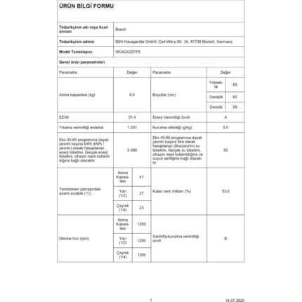 Bosch WGA242Z0TR A Enerji Sınıfı 9 kg 1200 Devir Çamaşır Makinesi - Görsel 3