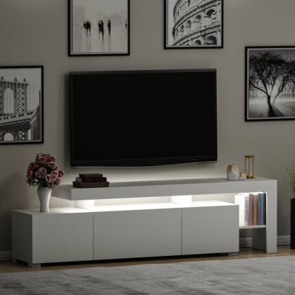 İnarch Dizayn Beliz Modern LED Işıklı 3 Kapaklı, Raflı TV Sehpası – 192 cm - Beyaz - Görsel 5