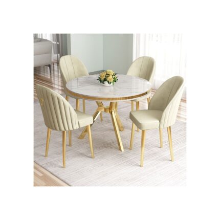 Canisa Mos Serisi 90X90 Lak Panel Beyaz Mermer Desen Gold Kaplama Ayaklı Mutfak Masası Takımı ve 4 Sandalye