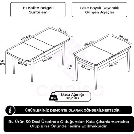 Canisa Atlantik Çam 80X132 Açılabilir Ceviz Vernik Ayaklı Yemek Masası - Görsel 3