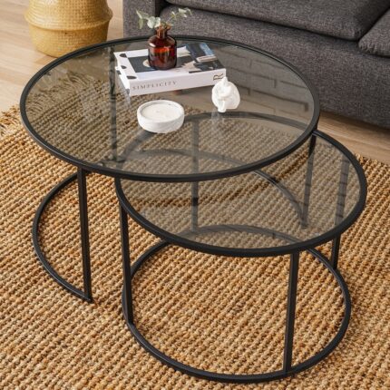 Dekopratik Tokyo Orta Sehpa 80 cm Yuvarlak Füme Kırılmaz Cam 2 li Sehpa Takımı