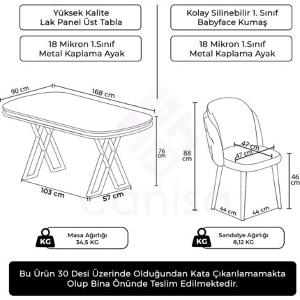 Canisa Zae Serisi 90X168 Lak Panel Beyaz Mermer Desen Krom Ayak Masa Takımı 6 Sandalye - Görsel 5
