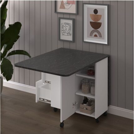 Asra Trend MDF Katlanır Mutfak Yemek Çalışma Masası, 3 Çekmeceli, Beyaz-Royal Mermer, KM-30 - Görsel 2