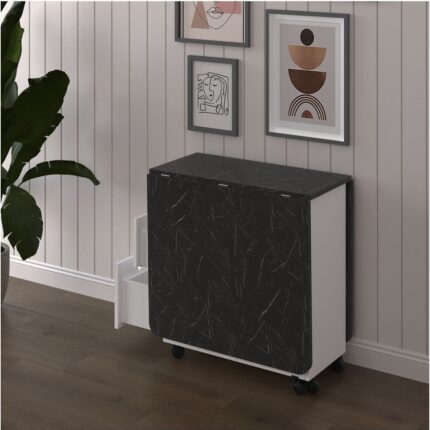 Asra Trend MDF Katlanır Mutfak Yemek Çalışma Masası, 3 Çekmeceli, Beyaz-Royal Mermer, KM-30 - Görsel 3