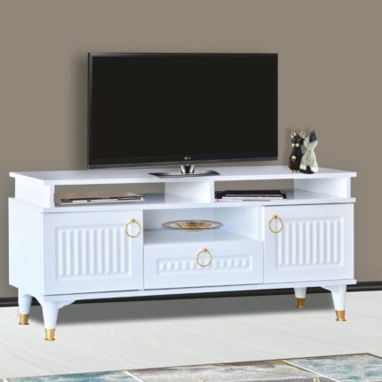Neva Mobilya Pera Tv  Sehpası 2 Kapaklı Raflı Üst Panel Beyaz Gold Detaylı 130x59x36 Cm - Görsel 2