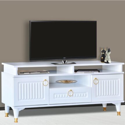 Neva Mobilya Pera Tv  Sehpası 2 Kapaklı Raflı Üst Panel Beyaz Gold Detaylı 130x59x36 Cm - Görsel 3