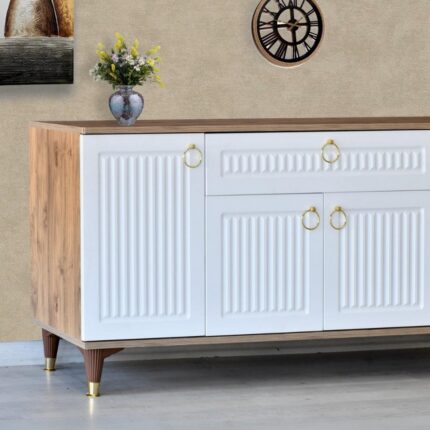 Neva Mobilya Arya Konsol 4 Kapaklı 1 Çekmeceli Beyaz Atlantik Çam Gold Detaylı 160x80x44 Cm - Görsel 2