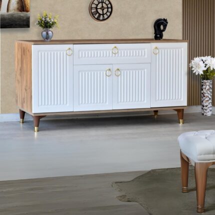 Neva Mobilya Arya Konsol 4 Kapaklı 1 Çekmeceli Beyaz Atlantik Çam Gold Detaylı 160x80x44 Cm - Görsel 3