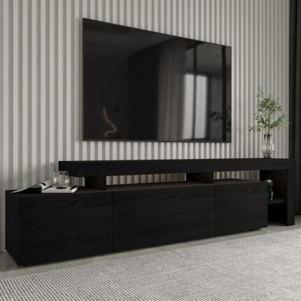 İnarch Dizayn Beliz Modern LED Işıklı 3 Kapaklı, Raflı TV Sehpası – 192 cm - Ahşap Siyah