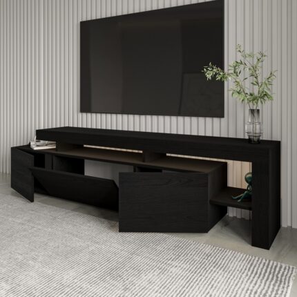 İnarch Dizayn Beliz Modern LED Işıklı 3 Kapaklı, Raflı TV Sehpası – 192 cm - Ahşap Siyah - Görsel 3