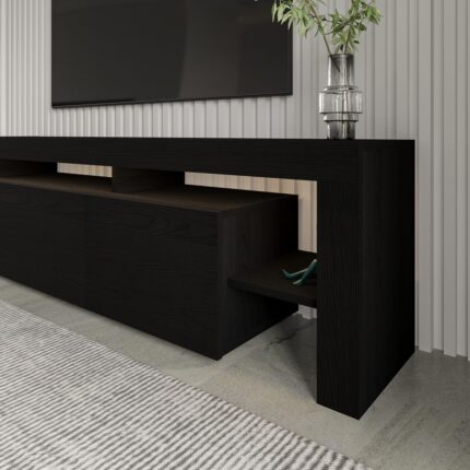 İnarch Dizayn Beliz Modern LED Işıklı 3 Kapaklı, Raflı TV Sehpası – 192 cm - Ahşap Siyah - Görsel 4
