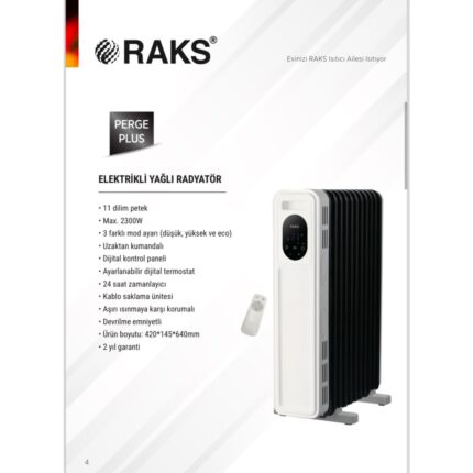Raks Elektrikli Yağlı Radyatör Perge Plus 2300 Watt Kumandalı - Görsel 2