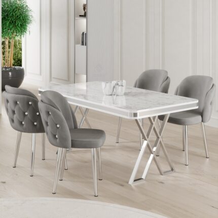 Canisa Rigel Serisi 80x130 Lak Panel Beyaz Mermer Desen Masa Takımı Krom Ayaklı 4 Sandalye
