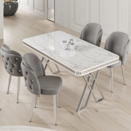 Canisa Rigel Serisi 80x130 Lak Panel Beyaz Mermer Desen Masa Takımı Krom Ayaklı 4 Sandalye - Görsel 2