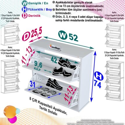 Modilayn UMAY Antre Hol 72x78x 26 cm’ lik 2 Düşer Kapak 4 Göz Bölmeli Ayakkabılık - Görsel 5