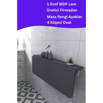 Kydonia Home 45x72 cm İskandinav Tarzı Duvara Monte Katlanır Masa – Antrasit Gri, Sabit Raflı, Oval Köşeli