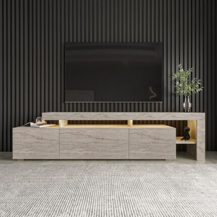 İnarch Dizayn Beliz Modern LED Işıklı 3 Kapaklı, Raflı TV Sehpası – 192 cm - Traverten - Görsel 2