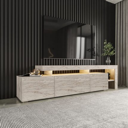 İnarch Dizayn Beliz Modern LED Işıklı 3 Kapaklı, Raflı TV Sehpası – 192 cm - Traverten
