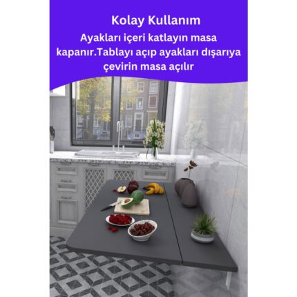Kydonia Home 45x72 cm İskandinav Tarzı Duvara Monte Katlanır Masa – Antrasit Gri, Sabit Raflı, Oval Köşeli - Görsel 2