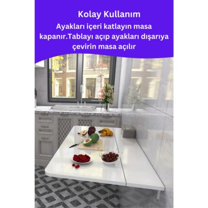 Kydonia Home Mdf Lam 4 Köşesi Oval Parlak Beyaz Sabit Raflı Duvara Monte Kırma Katlanır Yemek Masası - Görsel 2