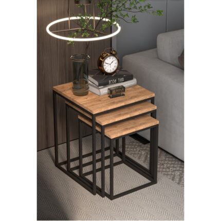 Gold Falez 3'lü Kare Zigon Sehpa Seti – Suntalam ve Metal, Modern Tasarım, 45x45x54 cm, Salon ve Oturma Odası Kullanımı
