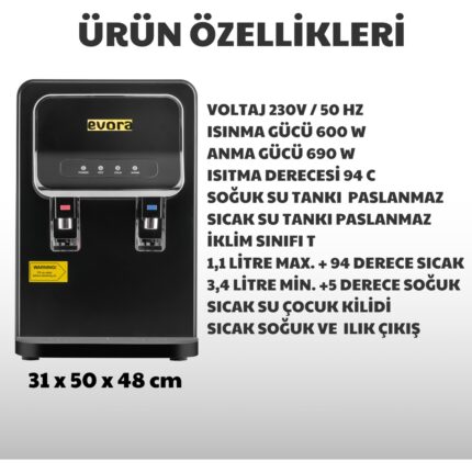 Evora Tezgah Üstü Sıcak Soğuk Arıtmalı Su Sebili Siyah Premium - Görsel 3